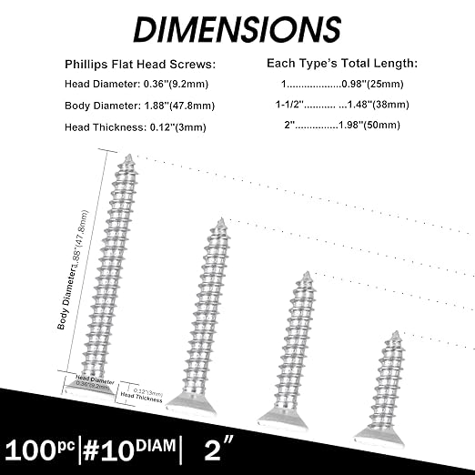 White Head 100 PCS #10X2 Stainless Steel Phillips Flat Head Wood Screws,Stainless Steel 18-8 A2(304) Screw,Home Screw Kit by QISHENG