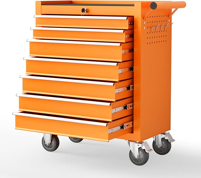 7 Drawers Rolling Tool Chest with Wheels, Portable Rolling Tool Boxes with Wheels, Tool Box Storage Cabinet with Locking System for Workshop(Orange, 7 Drawers)