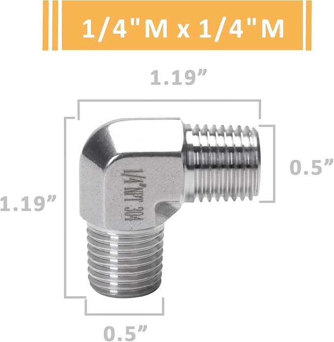 90 Degree Street Elbow - 1/4" NPT Male to 1/4" NPT Male Stainless Steel 304 Heavy Duty Forged Barstock Street Elbow Adapter Pipe Fitting (pack of 5)