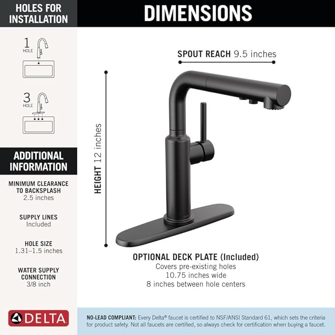Delta Daneri Matte Black Kitchen Faucet with Pull-Out Sprayer, Modern Single Hole Kitchen Sink Faucet, Single Handle, Matte Black 16879-BL-DST