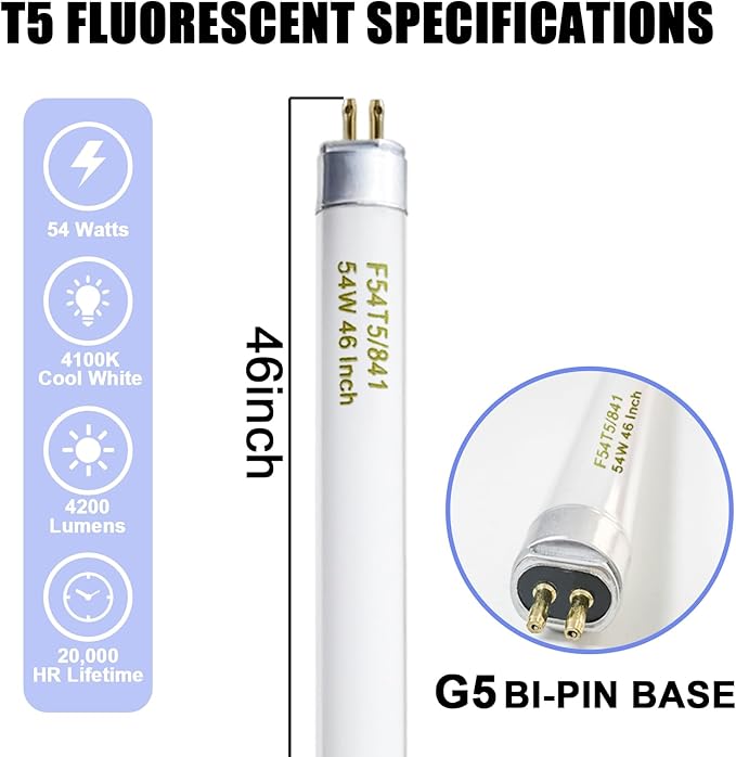 F54T5/841/HO 54W T5 HO Fluorescent Tube Light, 46 Inches T5 54 Watt Fluorecent Bulb, F54T5/841/CW, 4100K Cool White, 80 CRI, G5 Base 4300 Lumens 25 Pack
