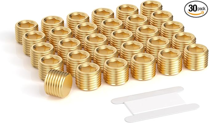 GASHER 30Pcs Brass Hex Plug Pipe Fitting, 1/8" NPT Male Pipe Plug Fitting For Closing The End Of Pipe