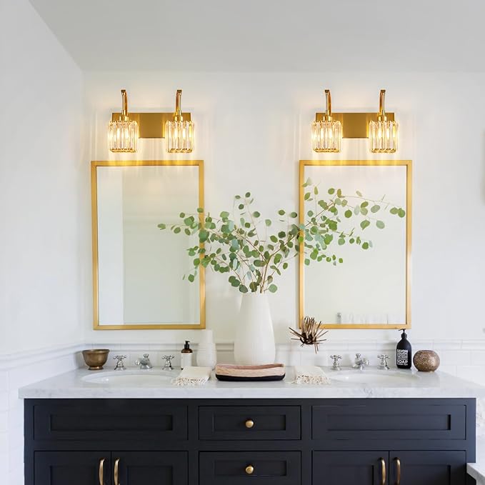 Crystal Vanity Lights 2-Light Gold Wall Lamp Modern Crystal Bathroom Light Fixtures Over Mirror 13.77" Long Bathroom Wall Sconce