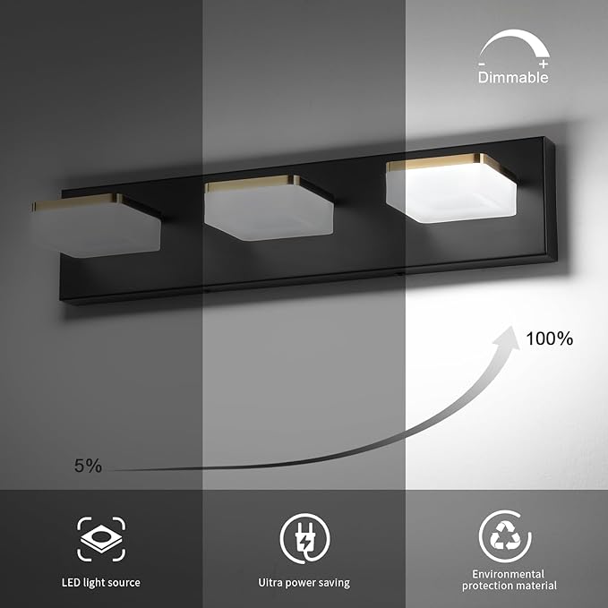 3 Light Bathroom Vanity Light - Modern Dimmable Black and Gold Bath Light Fixtures for Bathroom, 3 Lights Over Mirror, LED Wall Sconces, Daylight 5500K, Great for Makeup and Grooming