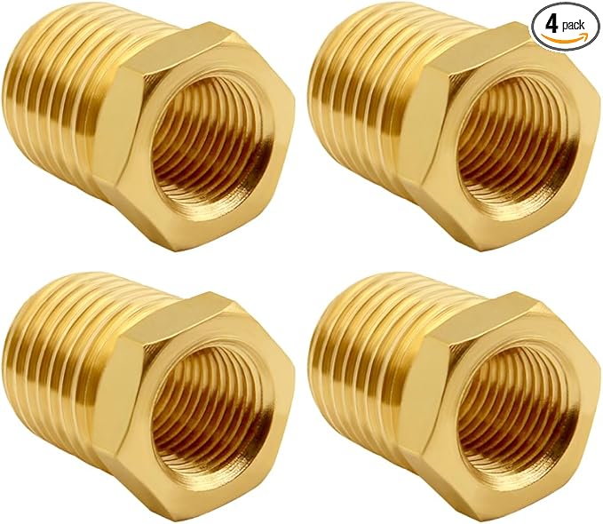 4PCS Brass Reducer Bushing, 1/4" NPT Male to 1/8" NPT Female Thread, Hex Reducing Convert Adapter Pipe Fitting Connector for Water/Oil/Gas