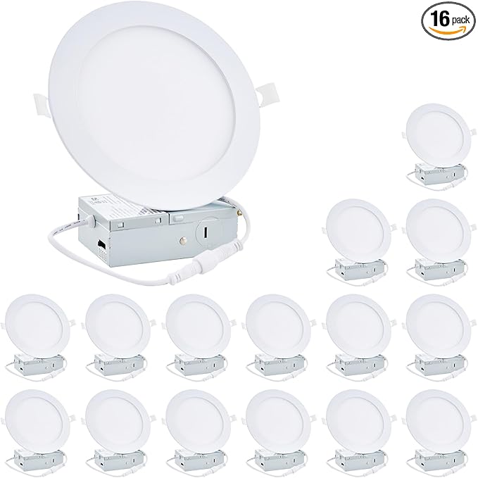 16 Pack 4 Inch 750LM Brightness, 5CCT Ultra-Thin LED Recessed Ceiling Light with Junction Box, Dimmable Canless Wafer Downlight, 9W, 120V,ETL FCC