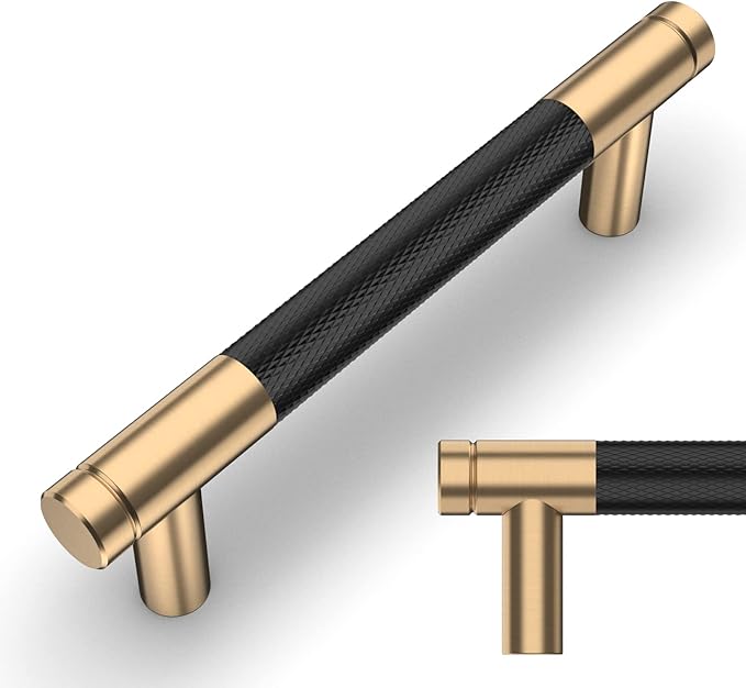 Amerdeco 10 Pack Champagne Bronze and Black Knurled Cabinet Pulls 3.75 Inch Hole Centre to Hole Centre Kitchen Cabinet Handles for Drawer Dresser, Cupboard and Wardrobe ZH0040