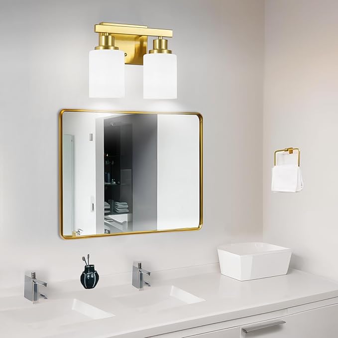 Gold Bathroom Light Fixtures Over Mirror, 2-Light Modern Vanity Lights with White Glass Shade, Bathroom Wall Lamp Sconces for Mirror Bedroom, Living Room Hallway Small Space