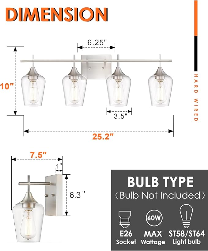4-Light Bathroom Lighting Fixtures Over Mirror, 24 Inch Brushed Nickel Vanity Lights with Clear Glass, Modern Bath Wall Sconce Lighting for Bathroom, WL9167-4C