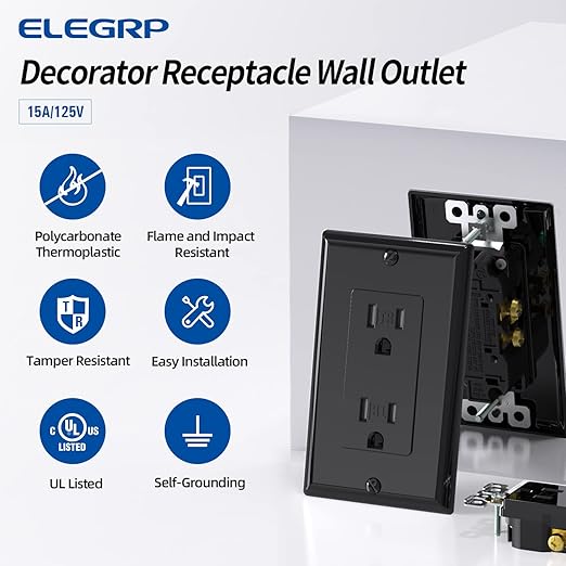ELEGRP Decorator Wall Receptacle Outlet, Tamper Resistant 15 Amp Standard Electrical Wall Outlet, Residential Grade, Self-grounding, 125V, Wall Plate Included, UL Listed, Glossy Black, 10 Pack