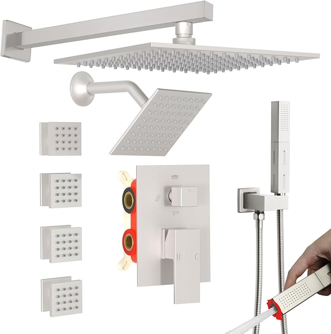 Enga Dual Shower Head Shower System with Body Jets, Wall Mount 10+6" Dual Rain Shower Head with 2 in 1 Handheld Spray for Two People, Shower Faucet Set with Valve Kit, Brushed Nickel