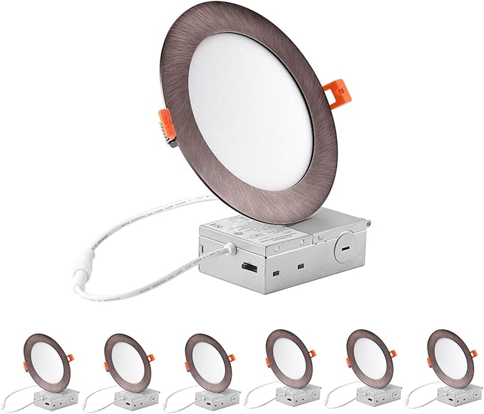 ZYC recessed Lighting 6 inch - 12W 1100LM High Brightness,5CCT 2700K/3000K/3500K/4000K/5000K Selectable,Ultra-Thin LED Recessed Ceiling Light,Dimmable Canless Wafer Downlight,Pack of 6 Bronze.