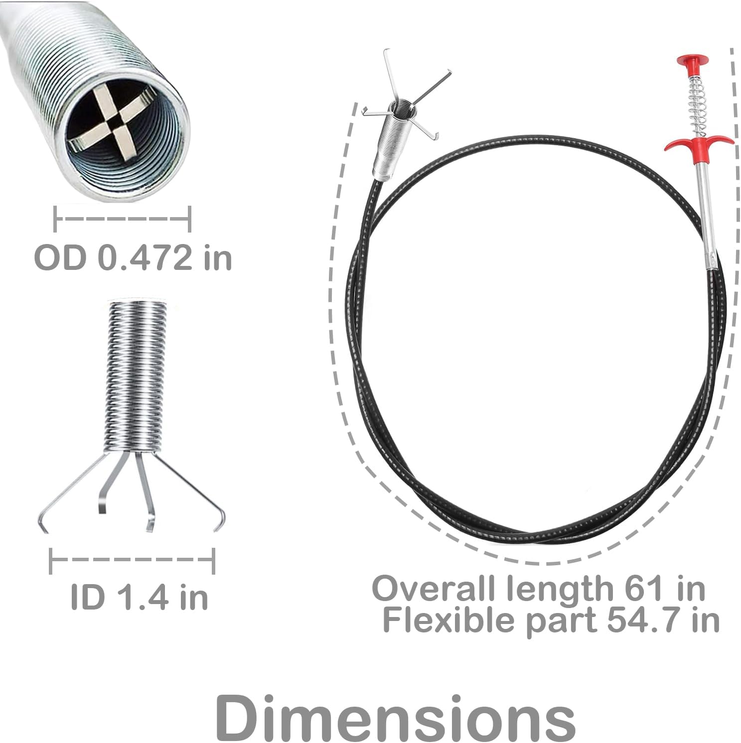 61 inch Drain Snake Grabber Claw Pickup Tool Drain Hair Remover Tool Sewer Cleaner Hook Long Grabber Drain Tool Home Sink And Toilet Drain Cleaner Tool