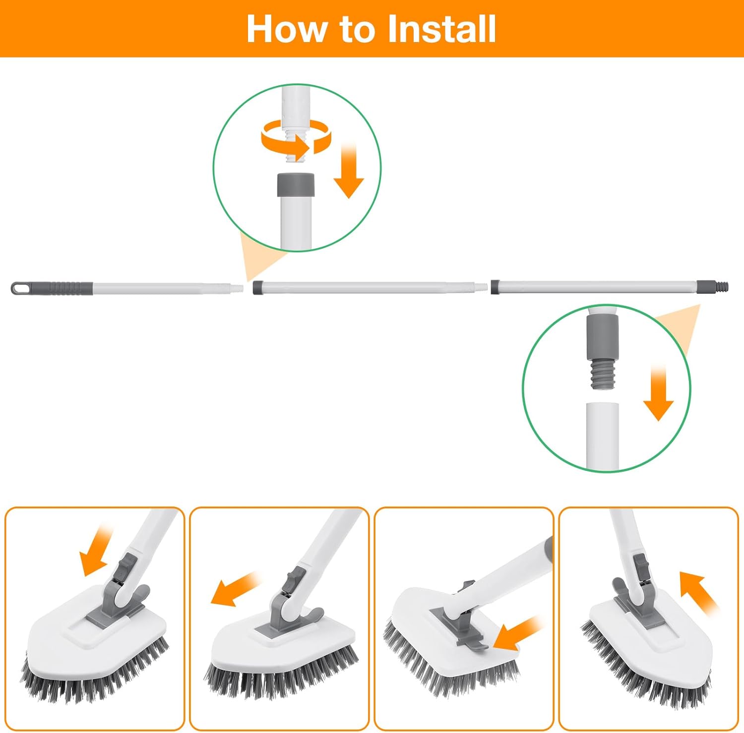 4 in 1 Shower Scrubber Cleaning Brush, Tub and Tile Scrubber with Long Handle, Grout Brush Stiff Bristles Scrub Sponge Brushes Microfiber Pad, for Toilet Bathroom Kitchen Wall Floor Glass Bathtub Sink