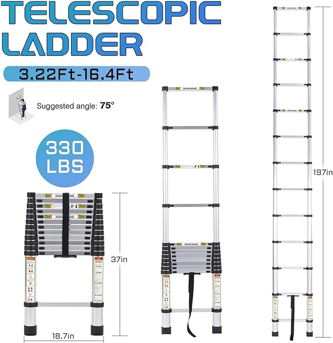 Telescopic Ladder, 16.5FT RIKADE Aluminum Telescoping Ladder with Non-Slip Feet, Portable Extension Ladder for Household and Outdoor