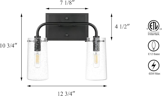 XiNBEi Lighting Bathroom Light Fixtures, Modern 2 Light Vanity Lights with Seeded Glass Matte Black Bath Wall Mount Fixture Over Mirror XB-W1283-2-MB