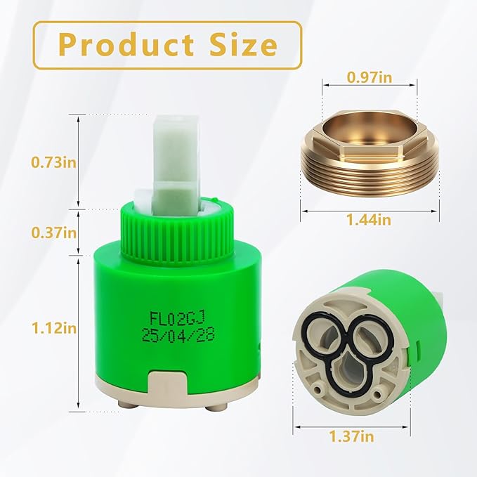 FL02GJ 35mm Single Lever Faucet Cartridge Replacement for American Standard 7034 Cartridge, Danze DA507348N, Gerber-92-298, Moen-121620, La Torre Single Lever Faucets, 1 3/8"