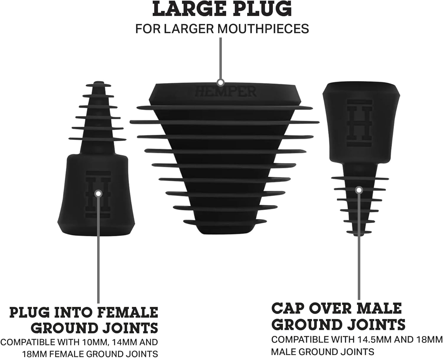 Hemper Plugs + Caps | Universal Cleaning Plugs for Glass Water Pipes and More | Fits Male & Female Joints | Leak-Proof Seal | Hassle-Free Cleaning | Durable, Reusable & Easy to Use - (Black)