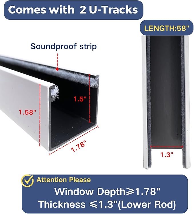 U Channel Blackout PVC Light Blocking Strips for Roller Blinds Light Gap Blockers Window Shades Side Rail Tracks Bedroom Sleep, Side Tracks for Cordless Blackout Shades (White, 58",2Pcs)