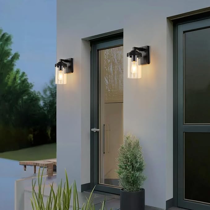 Outdoor Indoor Wall Sconce Set of 2, Modern Exterior Wall Lantern with Clear Glass, Black Outside Lighting Wall Mount for Porch Patio Bathroom Vanity