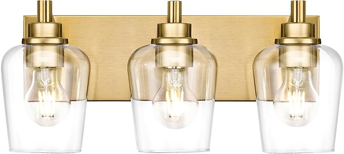 Bathroom Light Fixtures, 3-Light Modern Vanity Light with Clear Glass Wine Glass-Shaped Shade, Vanity Lighting Fixtures Over Mirror, Brushed Gold, VL155-BG-3