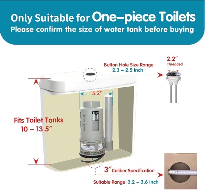 3-Inch Dual Flush Valve Replacement Kit for One Piece Toilet: Include 8" Height Flush Valve, 2.2" Threaded Button, Fill Valve. Fits Tanks 10-13.5" Tall, Drain Holes 3.2-3.6"