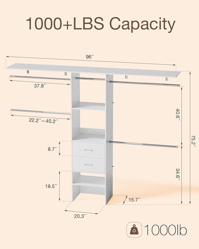 Closet System with Drawer, 5-8FT Closet Organizers and Storage with 5 Adjustable Hanging Rods and Shoe Rack, 96" Walk in Closet Organizers and Storage with Drawers, Heavy Duty, White