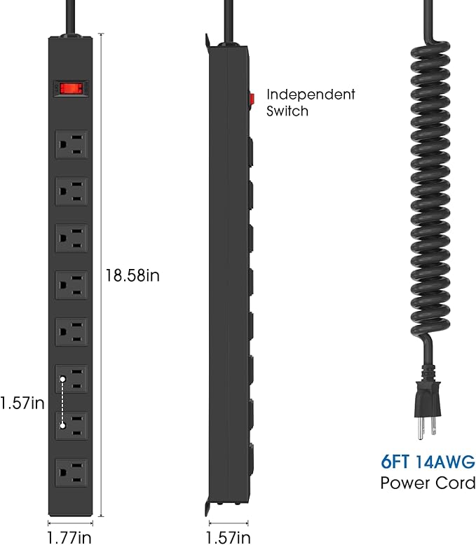 2Pack 8 Outlet Metal Wall Mount Power Strip, Mountable Outlet with Switch, Heavy Duty Wide Spaced Surge Protector, 6 FT SJT 14AWG Black Spring Cord.