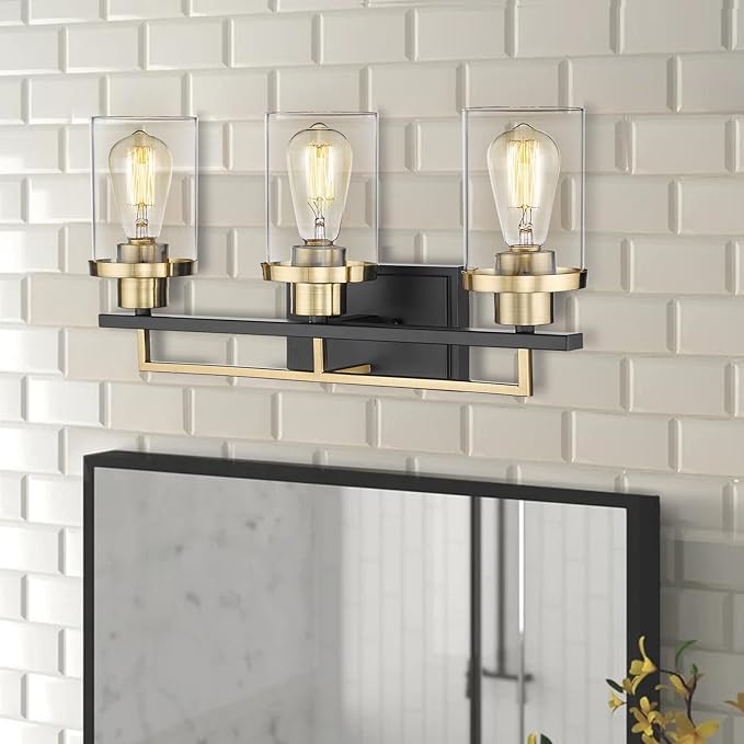 Emliviar 3-Light Bathroom Vanity Light Fixtures - Black and Gold Finish with Clear Glass, YCE238B-3W BK+BG