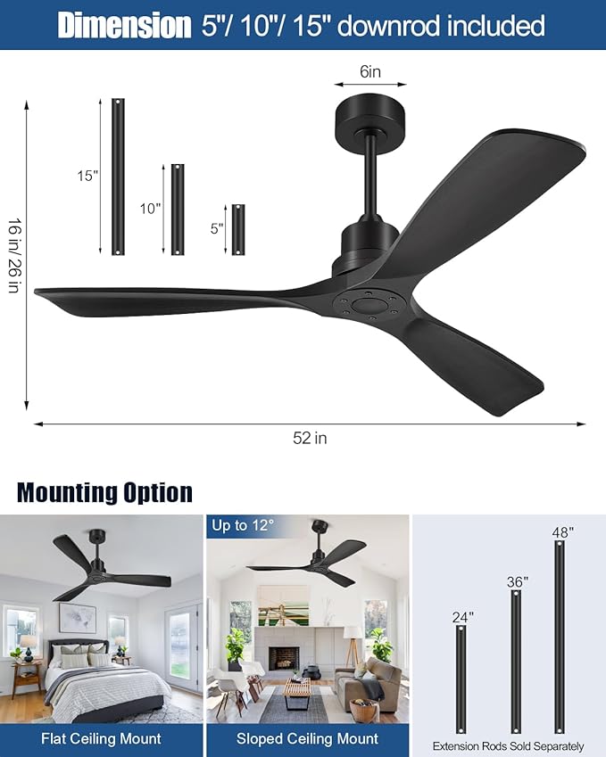 52 Inch Ceiling Fans Without Lights, Outdoor Ceiling Fan No Light, 3 Wood Blades, 3 Downrods, Timer, 6 Speeds Modern Ceiling Fan with Remote Reversible DC Motor for Patios, Matte Black