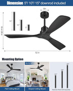 52 Inch Ceiling Fans Without Lights, Outdoor Ceiling Fan No Light, 3 Wood Blades, 3 Downrods, Timer, 6 Speeds Modern Ceiling Fan with Remote Reversible DC Motor for Patios, Matte Black