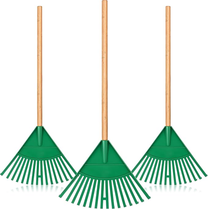 Macarrie Pack of 3 Kids Rakes with Hardwood Handle Lawn Garden Rake for Kids Gifts to Sweep Fall Leaves in Lawn and Tidying up The Garden Made of Wood and Plastic, 34.6 Inch (Green)