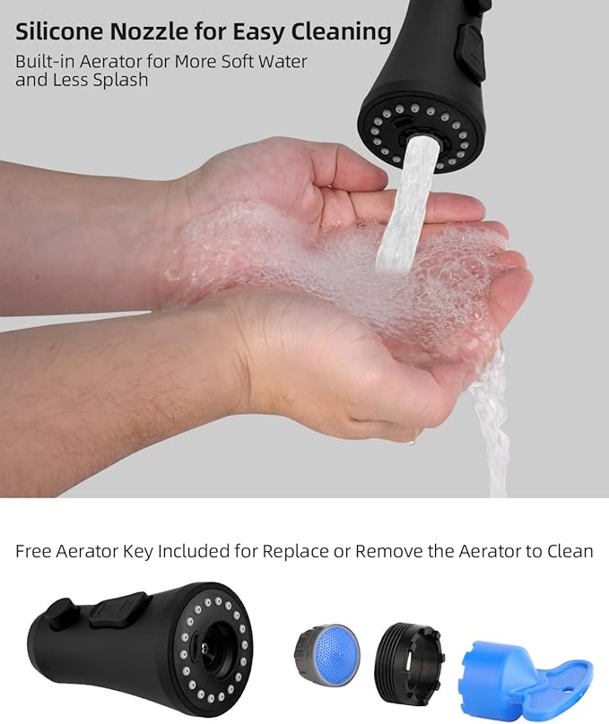 Hibbent Pull Down Kitchen Faucet Head Replacement, 3-Function NSF/ANSI/CAN 61 & CUPC Certified Sink Spray Nozzle, 15 Adapters, Compatible with Moen, Delta, Kohler Faucets, Matte Black