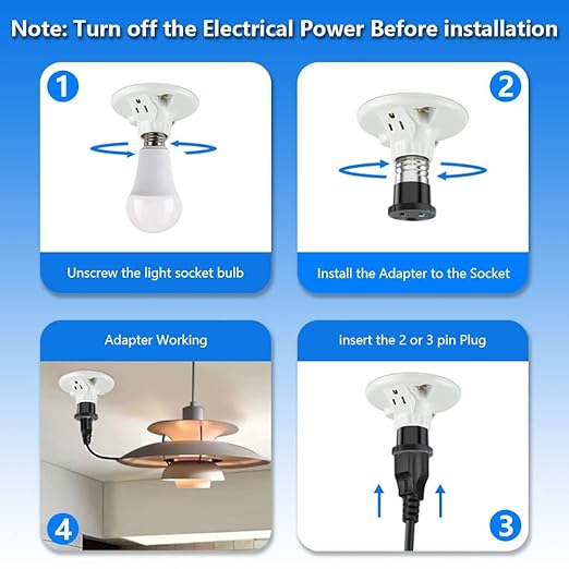 6 Pack, Light Socket to Plug Adapter, Light Bulb Socket Convert to Outlet Adapter (Black).