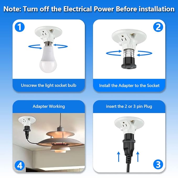 3 Pack, Light Socket to Plug Adapter, Light Bulb Socket Convert to Outlet Adapter (Black).