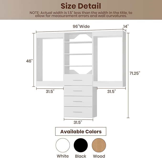 ROOMTEC Modular Closet System, 96" Wall-Mounted Closet Organizer with Drawers and Hanging Rods, Wooden Tower for Walk-In Closets, Wardrobe Storage Kit, White