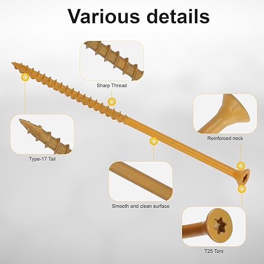 Wood Screws #10 x 5’’, T25 Star Torx Drive Flat Head Deck Screws, Tan, 42Pcs (1lb)
