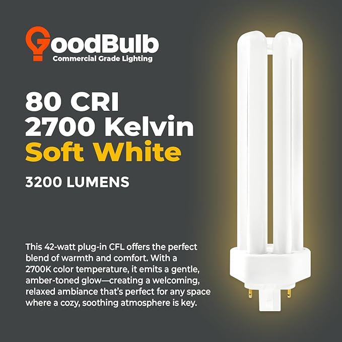 GoodBulb 42 Watt CFL Light Bulbs 4 Pin GX24Q-4 Base 2700K Soft White 42W High Output 3200 Lumens Triple Tube Compact Fluorescent Light Bulbs Plug-in 10 Pack