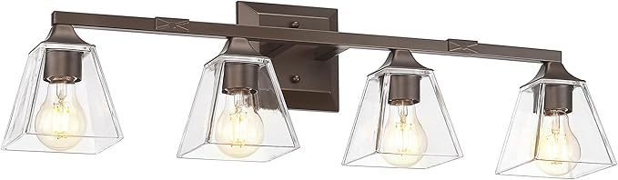 Bronze Bathroom Light Fixtures, HWH 4-Light Farmhouse Vanity Wall Sconce Bathroom Sconce Over Mirror, Oil-Rubbed Bronze Finish with Square Glass Shade, 5HY68B-4W ORB