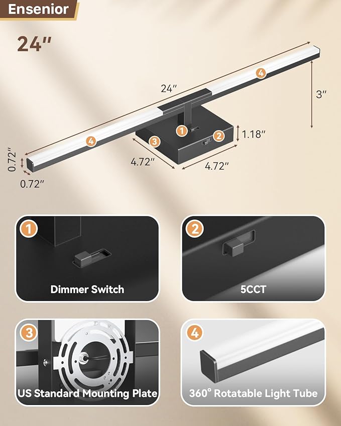 Ensenior Modern Bathroom Vanity Light 24 inch, Built-in Dimmer, 14W Dimmable 5CCT Led Bath Lights, Black Bar Vanity Light for Bathroom Mirror Cabinets Bedroom-FCC Certificated