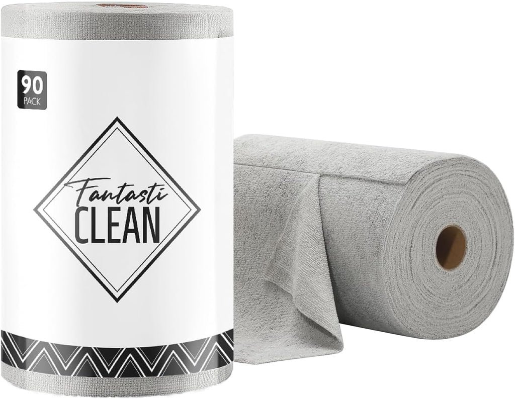 Fantasticlean Microfiber Cleaning Cloth Roll -90 Pack, Tear Away Microfiber Towels, 12" x 12", Reusable, Washable, Scratch Free, Ultra Absorbent Dishcloth for Car, Home Supplies, Pet, Kitchen (Grey)