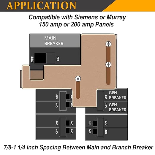 Generator Interlock Kit for Siemens or Murray 150 or 200 Amp Panels, 7/8-1 1/4 Inch Spacing Between Main and Branch Breaker