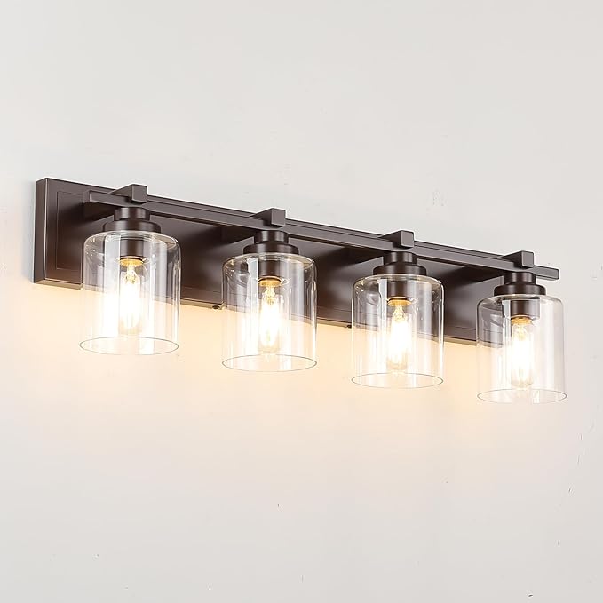 4 Light Modern Bathroom Light Fixtures Over Mirror, Bronze Finish Vanity Lights for Bathroom Wall Sconces with Clear Glass Shades, E26 Socket (Bulbs Not Included)