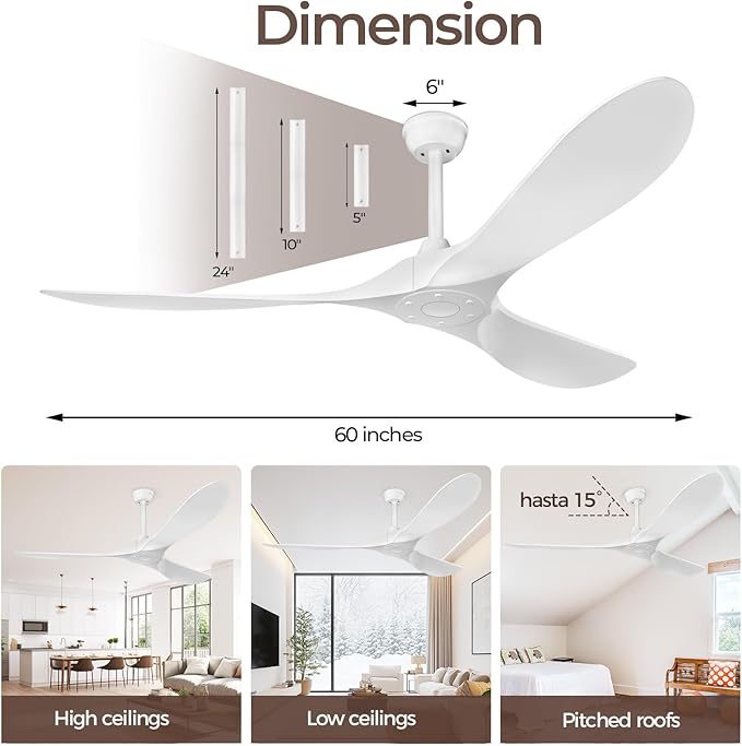 60 Inch Ceiling Fan Without Lights, White | Outdoor Ceiling Fan with Remote, 6-Speed Adjustable Reversible DC Motor for Patio & Living Room