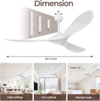60 Inch Ceiling Fan Without Lights, White | Outdoor Ceiling Fan with Remote, 6-Speed Adjustable Reversible DC Motor for Patio & Living Room