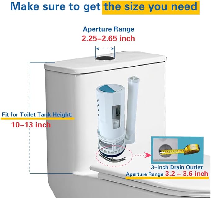3 Inch Top Dual Flush Valve Repair Kit for One Piece Toilet (10"-13" Tank Height) - Fits 3.2"-3.6" Drain Holes | Includes 3 Inch Flush Valve, 2.2" Thread Push Button, Fill Valve