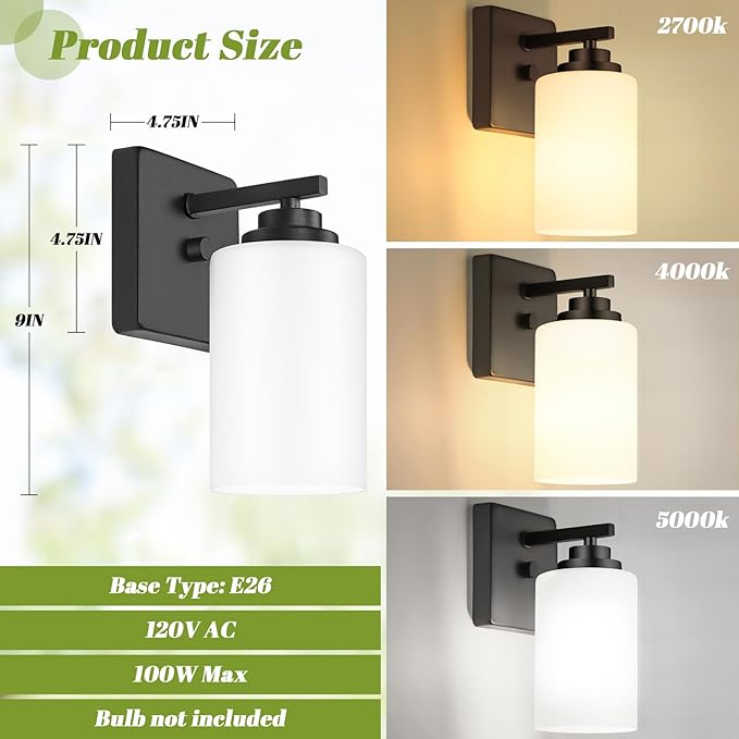 Set of 2 Wall Sconces for Bathroom, Modern Vanity Light Fixtures, Matte Black Wall Mount Lighting Lanterns, Farmhouse Wall Lights with White Glass Shade for Bedroom Living Room Mirror Hallway Kitchen