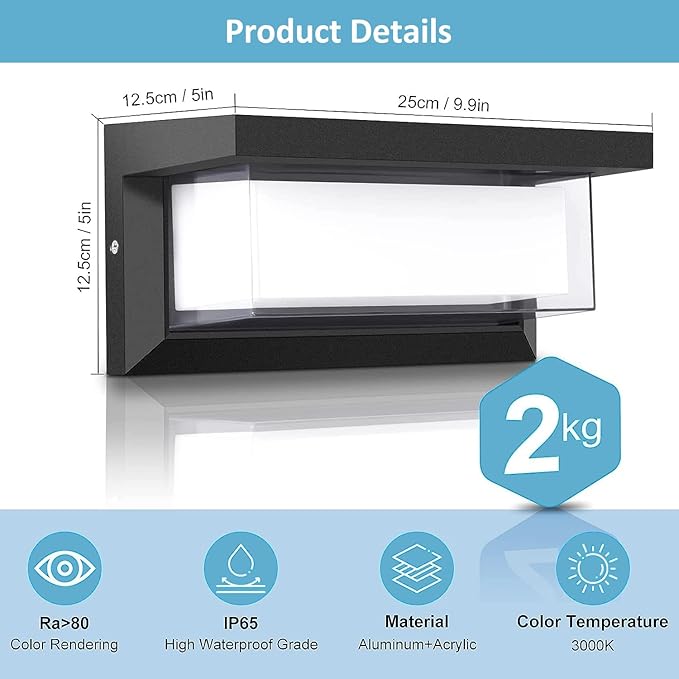 6000K Porch Lights Outdoor, 18W 1800LM LED Wall Light, IP65 Waterproof Anti-Rust Aluminum Modern Exterior Fixtures for Over Door, Garage, Patio (2 Pack)