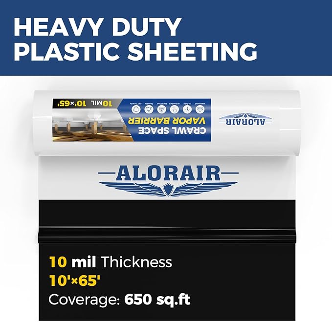 ALORAIR 10 mil Vapor Barrier for Crawl Space – 10' x 65' Heavy-Duty Plastic Sheeting – Black/White Panda Film – Crawlspace Encapsulation, Ground Cover, Drop Cloth – Commercial & Residential Use