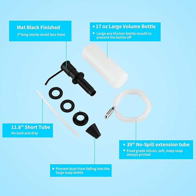 CREA Kitchen Soap Dispenser Countertop Soap Dispenserfor Kitchen Sink Black Built in Sink Soap Dispenser Top Fill Deck Mount Dispenser for Bathroom with 39" Tube Large Capacity 17 OZ Bottle